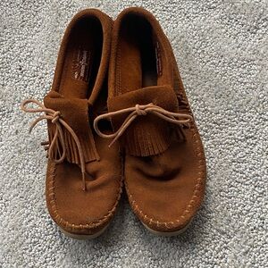 Minnetonka Tan Suede Moccasins with Fringe